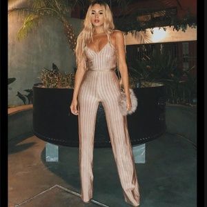 House of CB Champagne Stripe Satin Jumpsuit